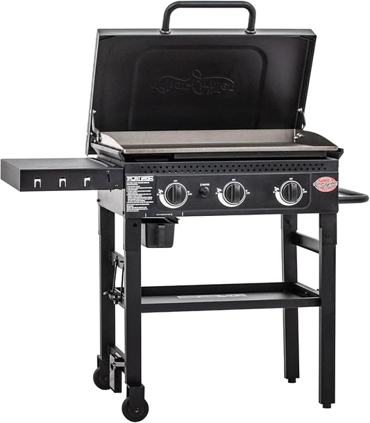 Char-Griller® Flat Iron 3-Burner Propane Gas Flat-Top Griddle with Steel Griddle Top, Hinged Lid and Wind Guards, 520 Cooking Square Inches in Black, Model 8428