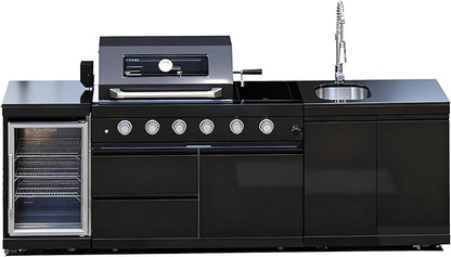 98-Inch Modular Propane Outdoor Kitchen Island, All-in-One Patio BBQ Grill with Refrigerator, Sink & Storage for Backyard Lawn, Black