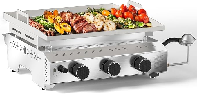 Electactic 3 Burner Tabletop Propane Gas Griddle,18 Inch Stainless Steel Detachable Propane Grill,24000 BTU Portable BBQ Griddle for Camping, Backyard or Outdoor Cooking