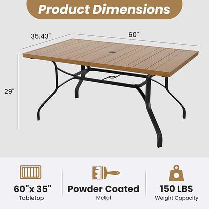 Outdoor Patio Table with 1.57" Umbrella Hole, 60"x35" Outdoor Dining Table Wood-Like Texture, All-Weather Metal Frame Patio Dining Tables for Poolside, Deck, Proch