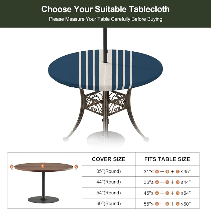 Outdoor Fitted Tablecloth with Umbrella Hole and Zipper, Navy Blue Beige Striped Elastic Round Patio Table Cover, Farmhouse Retro Lines Modern Table Protector for Backyard BBQ Party 55''-60''
