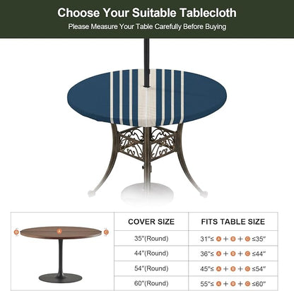 Outdoor Fitted Tablecloth with Umbrella Hole and Zipper, Navy Blue Beige Striped Elastic Round Patio Table Cover, Farmhouse Retro Lines Modern Table Protector for Backyard BBQ Party 55''-60''