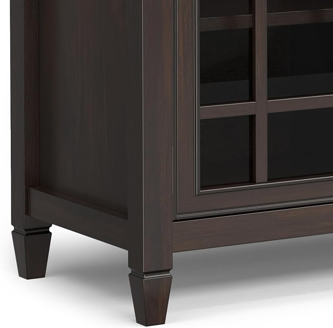 SIMPLIHOME Connaught 60" Wide Solid Wood 3-Door Buffet in Chestnut Brown | Traditional sideboard with adjustable shelves and classic molding for dining rooms; buffet, credenza or server.