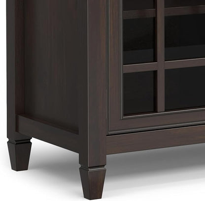 SIMPLIHOME Connaught 60" Wide Solid Wood 3-Door Buffet in Chestnut Brown | Traditional sideboard with adjustable shelves and classic molding for dining rooms; buffet, credenza or server.