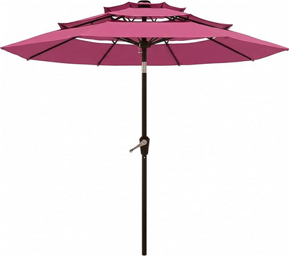 10FT Patio Umbrella 3 Tiers Outdoor Market Umbrella w/Push Button Tilt, Crank, UV and Waterproof Table Umbrella for Garden, Pool, Backyard, Deck, Lawn, Rose Pink