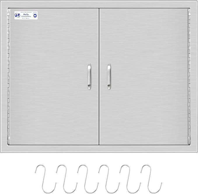 Hally Outdoor Kitchen Doors 31" W x 24" H of 304 Stainless Steel BBQ Double Access Door with 2 Detachable Handles and 6 Hooks, for BBQ Island, Grilling Station, Outdoor Cabinet