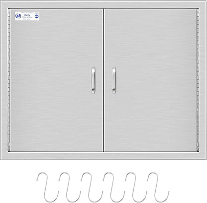 Hally Outdoor Kitchen Doors 31" W x 24" H of 304 Stainless Steel BBQ Double Access Door with 2 Detachable Handles and 6 Hooks, for BBQ Island, Grilling Station, Outdoor Cabinet