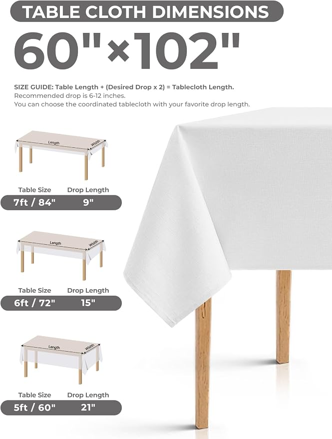 Decorelia White Reusable Table Cloths for 6 Ft Rectangle Table-2 Pack, Waterproof Washable Polyester Rustic Rectangular Table Cloth Cover for Wedding,Outdoor,Events, Party,Banquet, Dining, 60x102 Inch
