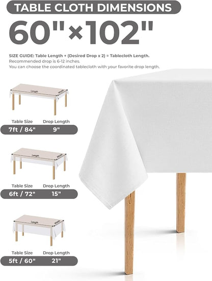 Decorelia White Reusable Table Cloths for 6 Ft Rectangle Table-2 Pack, Waterproof Washable Polyester Rustic Rectangular Table Cloth Cover for Wedding,Outdoor,Events, Party,Banquet, Dining, 60x102 Inch