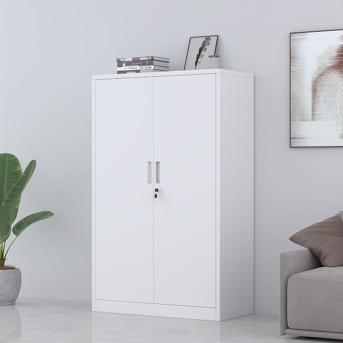Metal Storage Cabinet with Locking Doors and 3 Adjustable Shelves, 53.5-Inch Tall Lockable Steel Storage Cabinets for Home Office Garage Pantry (White)