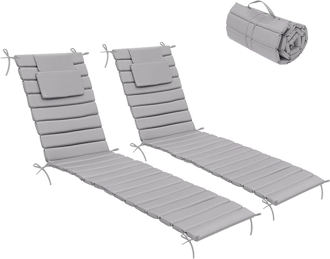 Crestlive Products Chaise Lounge Cushion Outdoor Set of 2, Foldable Waterproof Pool Lounge Chair Cushions with Straps, Lounger Cushions for Outdoor Furniture， 80''Lx26''W (Light Gray)