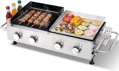 Portable 4-Burner Gas Grill Griddle Combo, Propane BBQ Grill with Cast Iron Grates & Stainless Steel Griddle, Side Shelf & Utility Tray, Grease Management Tray for Outdoor Camping and Patio Cooking