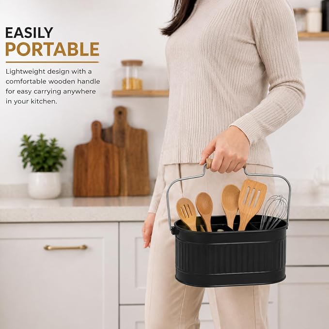 Alpha Living Home 4-Compartment Metal Flatware Caddy with Wooden Handle - Rustic Silverware & Utensil Organizer for Kitchen Counter, Dining Table, Picnic & Party Use
