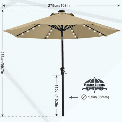 MASTERCANOPY 9FT 8Ribs Patio Umbrella with 32 Solar LED Lights, Outdoor Market Umbrella with Tilt & Crank, UV Protection & Fade Resistant Fabric, Easy Set-Up for Garden, Deck, Pool (Khaki)