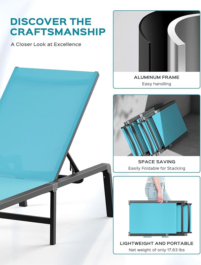 Ciokea Aluminum Foldable Lounge Chairs Set of 2 with 1 Outdoor Aluminum Side Table ，Perfect Match ，Suitable for Courtyard, Balcony, Lawn and Other Scenes，Lake Blue