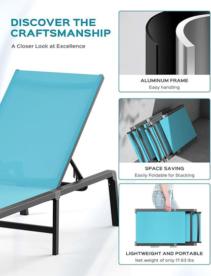 Patio Chaise Lounge Chair Set of 4, Foldable Lounge Chair for Outside, Aluminum Chairs with 5 Adjustable Backrest, Outdoor Pool Lounger for Poolside, Lawn, Patio, Lake Blue