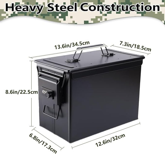 50 Cal Ammo Can&Ammo Box, Fireproof & Waterproof Metal Storage Box - Perfect for Ammo, Lithium Batteries & RC Car Batteries (Round Lock, Black-13.6 * 7.3 * 8.6")