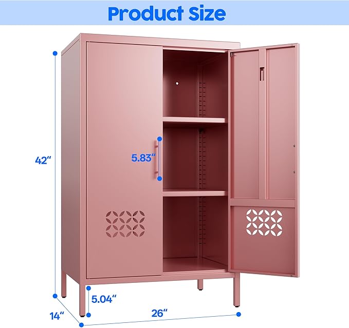 Metal Storage Cabinet with Vented Doors, Metal Sideboard Cabinet with 2 Adjustable Shelves, Freestanding Pink Accent Locker for Home,Dorm, Nursery,Assembly Required