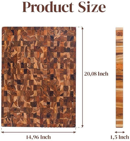 Premium Teak Wood XL End Grain Cutting Board 20 x 15 Inch, Extra Thick 1.5 Inch Butcher Block for Meat & BBQ Prep, Large Solid Wood Cutting Board with Juice Groove by New M Way