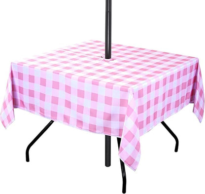Poise3EHome Square Outdoor Tablecloth with Umbrella Hole and Zipper,Pink and White Gingham 60x60 Inch,SpillProof Washable Table Cloth for Spring Summer Patio Garden Poolside Picnic Camping BBQS