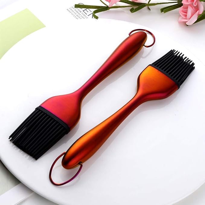 2 Pack Grill Basting Brush with 2 Pack Back Up Silicone Brush Heads, No Shed Bristles Stainless Steel Handles Heatproof Rust Resistant, Pastry Brushes for Kitchen Cooking BBQ (Orange Red)