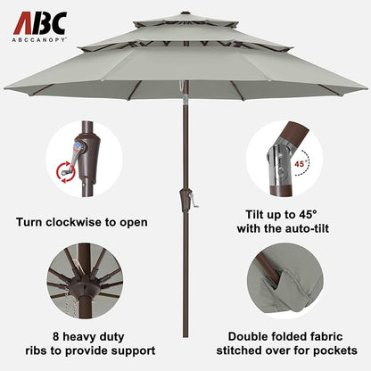ABCCANOPY 9Ft 3 Tiers Market Umbrella, Outdoor Table Umbrella for Patio, Deck, Backyard (Gray)