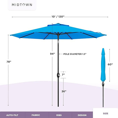 Midtown Umbrellas - 10-Year-No-Fade 10FT Patio Umbrella with Terylast Fabric, Auto-Tilt Aluminum Frame and 8 Reinforced Ribs for Deck, Pool, Garden & Beach - Cobalt Blue Canopy, Black Pole