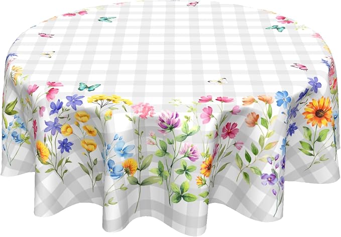 Sweetshow Spring Colorful Floral Table Cloth Round White Grey Buffalo Plaids Wildflower Butterflies Tablecloth 70 Inch Decor Washable Stain and Wrinkle Summer Round Table Cover for Dining Picnic
