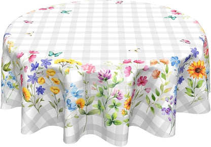 Sweetshow Spring Colorful Floral Table Cloth Round White Grey Buffalo Plaids Wildflower Butterflies Tablecloth 70 Inch Decor Washable Stain and Wrinkle Summer Round Table Cover for Dining Picnic