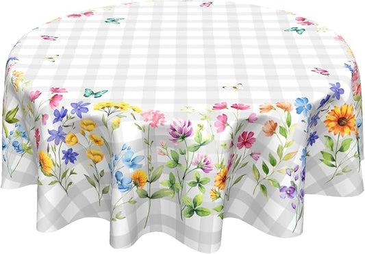 Sweetshow Spring Colorful Floral Table Cloth Round White Grey Buffalo Plaids Wildflower Butterflies Tablecloth 60 Inch Decor Washable Stain and Wrinkle Summer Round Table Cover for Dining Picnic