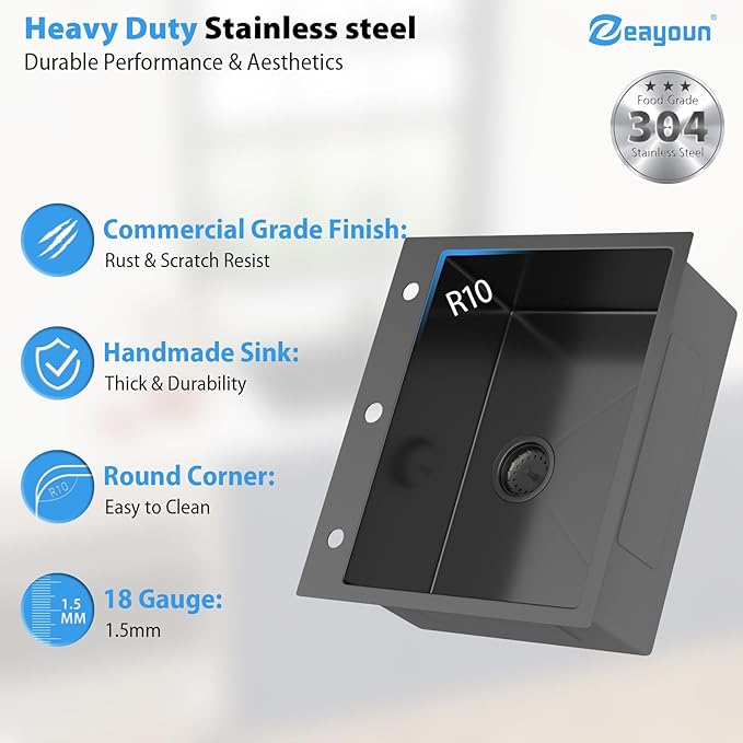25 Inch Gunmetal Black Drop In Kitchen Sink 25 x 22 Kitchen Sink 18 Gauge Stainless Steel Single Bowl Topmount Sink with Nano Coating, 25x22x8