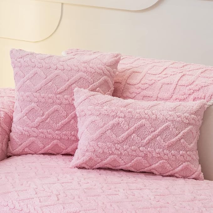vctops Pack of 2 Geometric Jacquard Plush Throw Pillow Covers for Couch Bed Sofa Farmhouse Neutral Solid Color Soft Cushion Covers (Pink,18"x18")