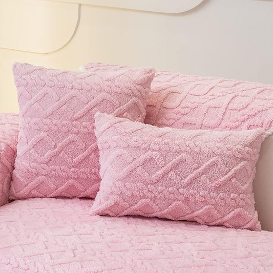 vctops Pack of 2 Geometric Jacquard Plush Throw Pillow Covers for Couch Bed Sofa Farmhouse Neutral Solid Color Soft Cushion Covers (Pink,18"x18")