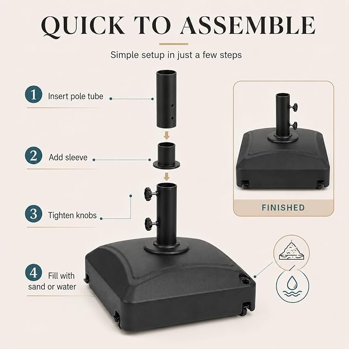 125 Lbs Fillable Mobile Umbrella Base, Heavy Duty Square Stand Built with 4 Rolling Wheels, Stable Outdoor Holder for Patio Deck Lawn and Poolside Market Parasols, Black