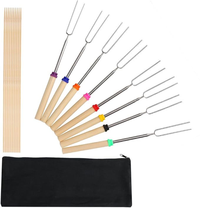 HelloPet Marshmallow Roasting Sticks, 8 Pack Telescoping and Rotating Stainless Steel U Shape Barbecue Forks Grill Sticks with 10PCS Bamboo Sticks and Zipped Storage Bag