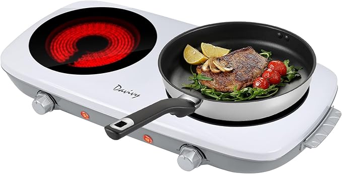 Davivy Double Burner Electric Hot Plate, 1800W (2x900W) Portable Electric Stove, 2-Burner Cooktop with Crystallite Ceramic Glass, Dual Heating Zones, Flexible Temp Control, for Kitchen, RV, Dorm
