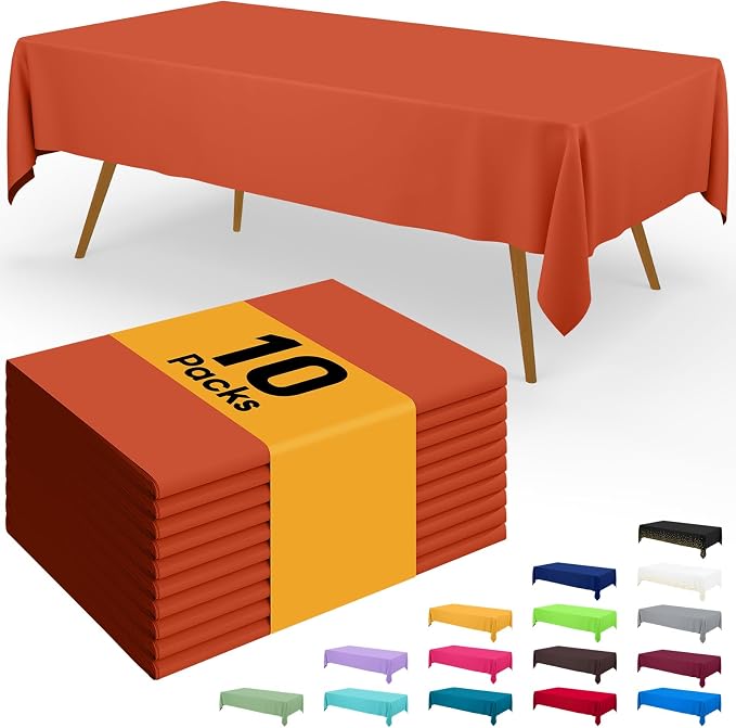 Smiry Disposable Table Cloth - 10 Pack, 54 x 108 Inch Waterproof Rectangle Tablecloths for Parties, Decorative Plastic Table Cover, Leakproof & Sturdy, Burnt Orange