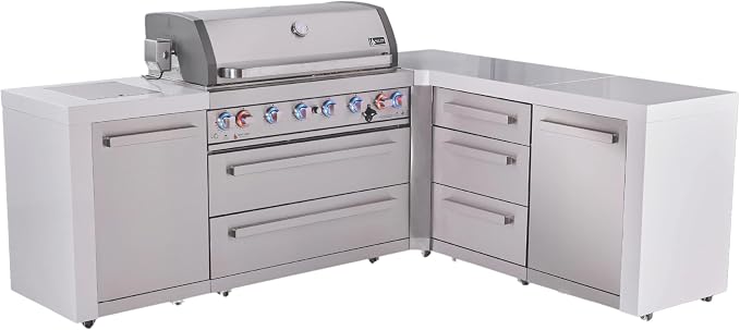 Mont Alpi Deluxe 94"W x 75"D x 46"H L-shaped Stainless Steel Outdoor Kitchen Island with Side Burner + 44"W 6-Burner BBQ Grill + Granite Countertops and Waterfall Sides + Storage + Rotisserie + Cover