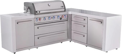 Mont Alpi Deluxe 94"W x 75"D x 46"H L-shaped Stainless Steel Outdoor Kitchen Island with Side Burner + 44"W 6-Burner BBQ Grill + Granite Countertops and Waterfall Sides + Storage + Rotisserie + Cover