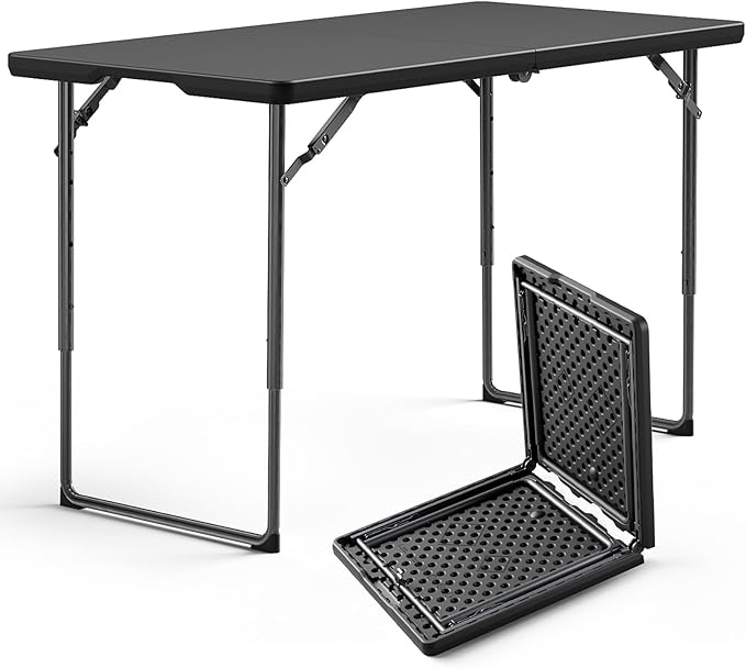 Folding Table 4FT Heavy Duty Plastic Table with Handle, Foldable&Portable, Fold-in-Half Utility Tables for Outdoor, Dining, Wedding, Events, Indoor, Picnic, Camping, Party, Black