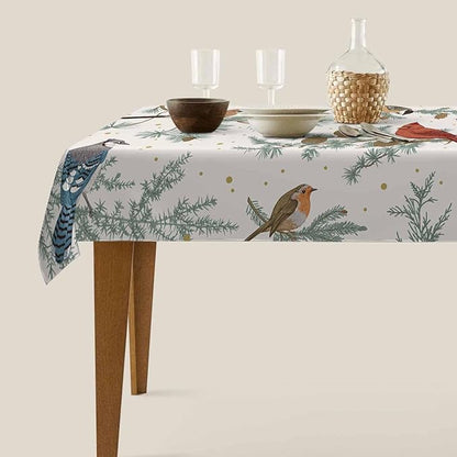 TKS MITLAN Winter Birds Tablecloth Decor Pine Tree Tit Robin Jay Bullfinch Bluebird Cardinal Pine Cones Berry Table Cloth Dining Room Kitchen Table Cover 60" X 84" Oblong/Rectangle