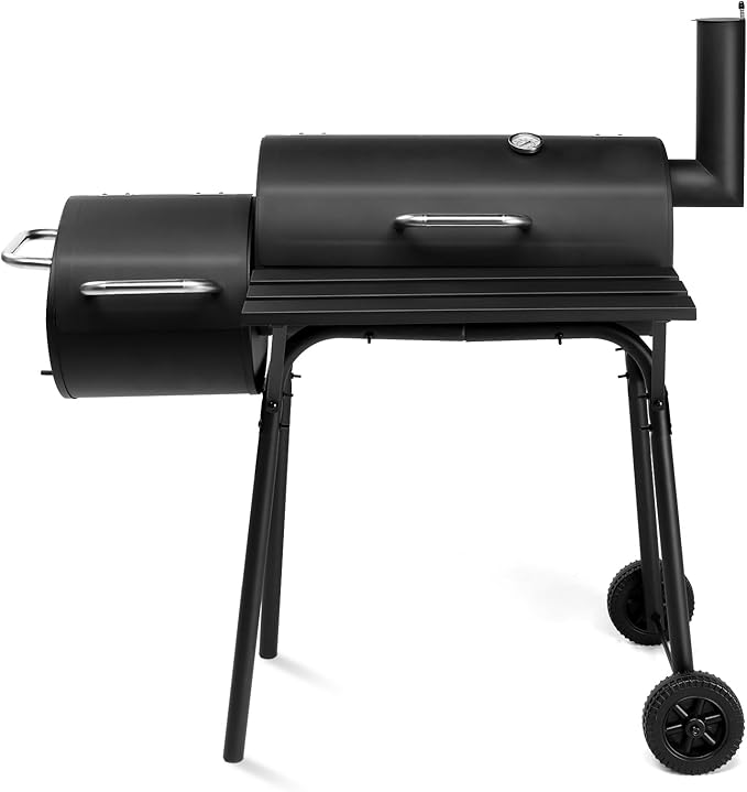 Barrel Charcoal Grill with Offset Smoker, All Metal Outdoor Smoker with Side Table and Wheels for Outdoor Garden Patio and Backyard Cooking