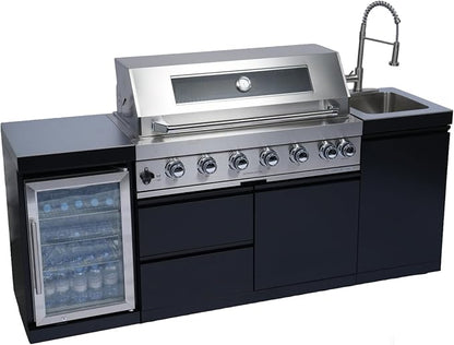 82" 6-Burner 85000 BTU Deluxe Outdoor Kitchen Island,304 Stainless Steel Modular Propane BBQ Grill Combination With Storage Cabinet, Refrigerator and Sink for Backyard (82"-Black&Sivler, Propane Gas)