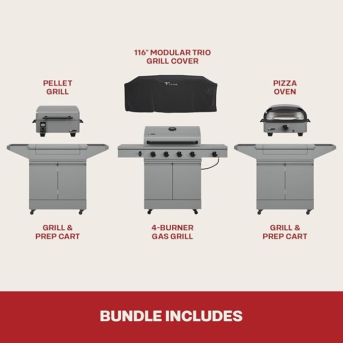 Tytus Anaheim 4-Burner Gas Grill with Two Prep Carts, Pellet Smoker, and Pizza Oven with Cover - Modular Outdoor Kitchen, Quick Assembly, Grill for Outdoor Cooking, Kitchen Island for BBQ