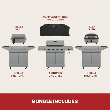 Tytus Anaheim 4-Burner Gas Grill with Two Prep Carts, Pellet Smoker, and Pizza Oven with Cover - Modular Outdoor Kitchen, Quick Assembly, Grill for Outdoor Cooking, Kitchen Island for BBQ