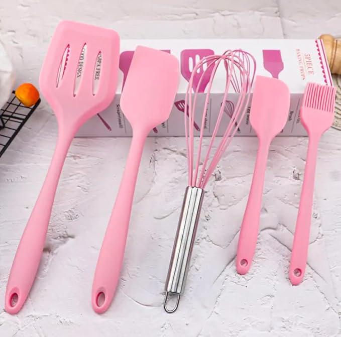 5-Piece Silicone Spatula Set with Egg Whisk & Basting Brush – Heat Resistant, Non-Stick, BPA-Free Kitchen Utensils for Cooking, Baking & Grilling – Dishwasher Safe – (Red, Black, Green, Pink) (Pink)