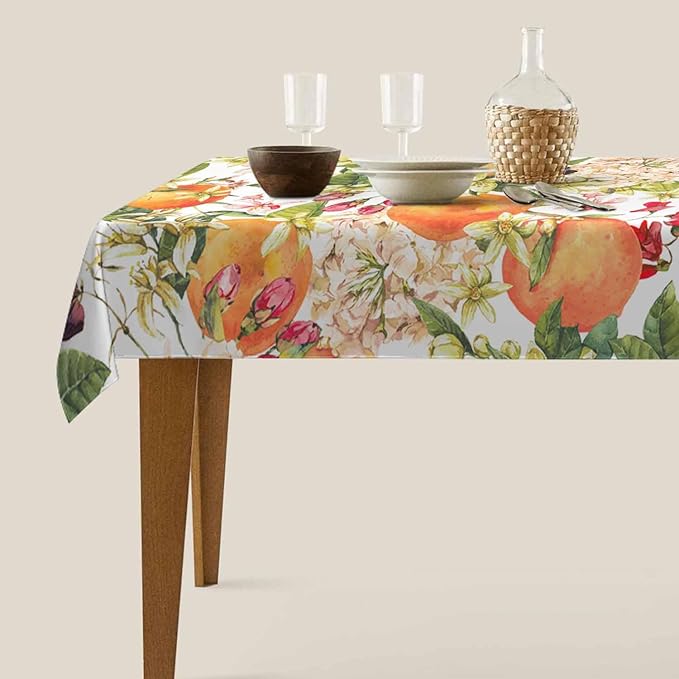 TKS MITLAN Tablecloth Orange Tree Table Cloth Rectangle Table 60 x 84 Inch Watercolor Flower Bloom Leaves Fresh Fruit Harvest Lively Bright Summer Kitchen Decorations for Home Dinner Party