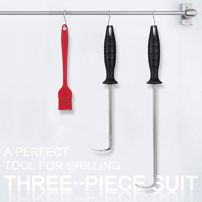 MSY BIGSUNNY Heavy Duty Food Flipper with Sharp Tail Tip, Stainless Steel Grilling Meat Hook, Set of 2 (16“&12”)