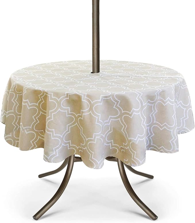 UMINEUX 60" Outdoor Round Tablecloth with Umbrella Hole and Zipper | Spring/Summer Waterproof Round Patio Table Cover for Picnic/BBQ/Garden, Khaki Moroccan