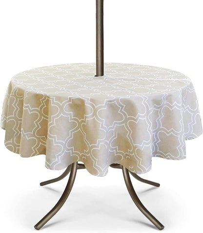 UMINEUX 60" Outdoor Round Tablecloth with Umbrella Hole and Zipper | Spring/Summer Waterproof Round Patio Table Cover for Picnic/BBQ/Garden, Khaki Moroccan